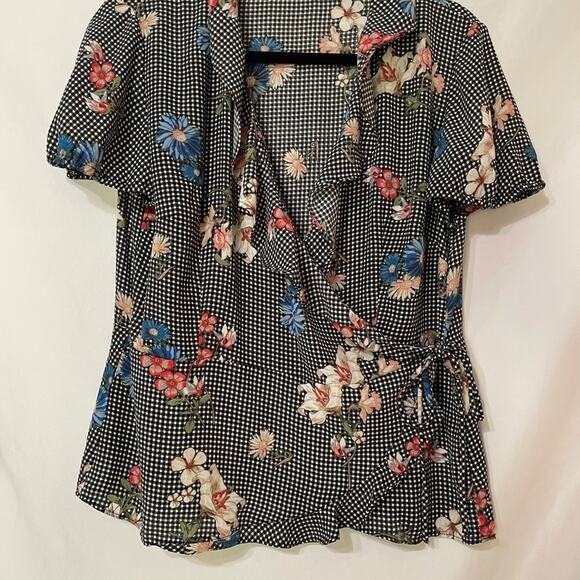 Sugar High Gingham Floral Ruffled Wrap Blouse Womens L Romantic Flutter Sleeve - Picture 9 of 14